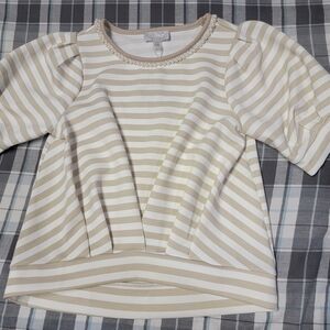 Cupio Beige and White Striped Top with Pearl Accents